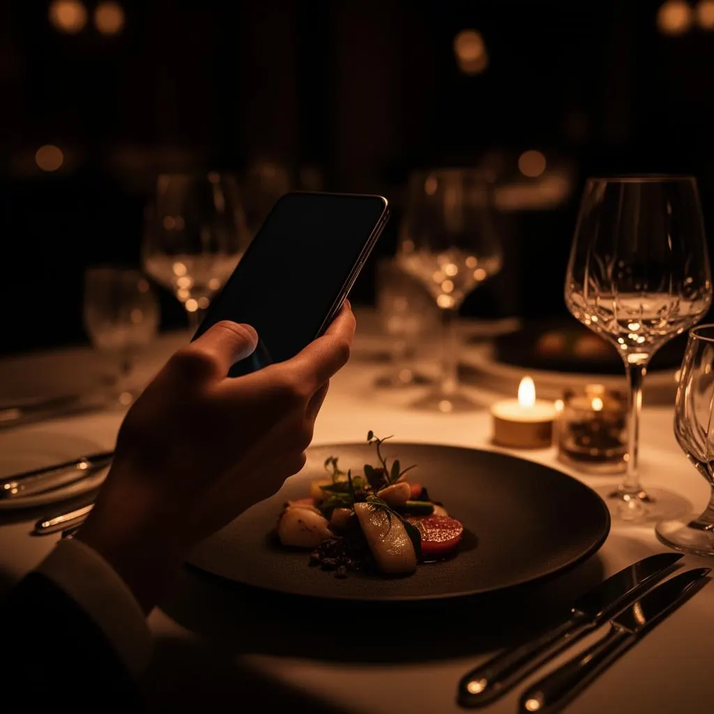 A guest holding a phone above a fine-dining table