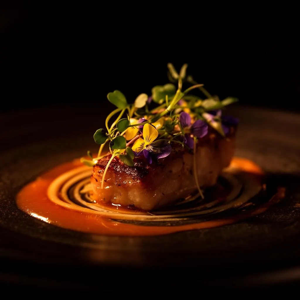 Signature plated dish with edible flowers