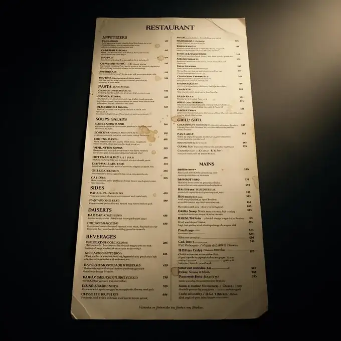 A printed restaurant menu, creased and stained